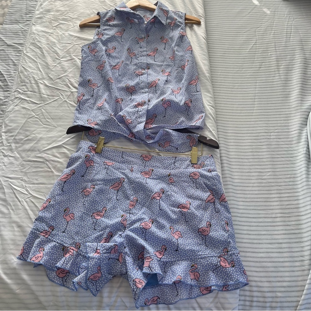 Women’s Blue sky shirt/top and short set printed pink flamingo pattern size m - Picture 3 of 8